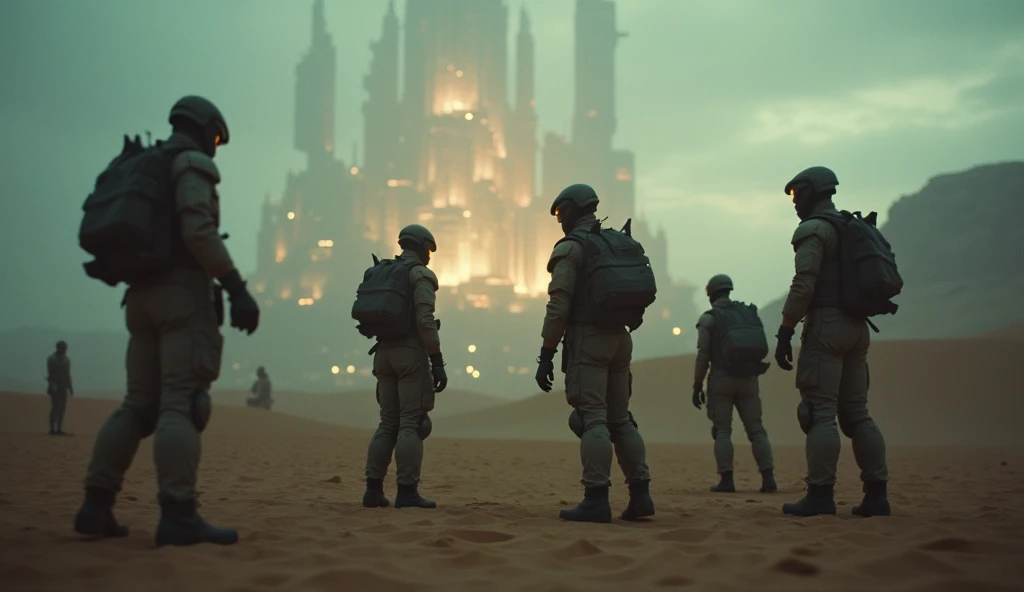 screengrab christoper nolan directed film about a group of sci fi higly futuristic soldiers in the future planning a siege on hyper futuristic cityscape in background. soliders and forground are in the desert. cinematic dark and moody. anamorphic lens, Hasselblad X1D II, Canon EOS.