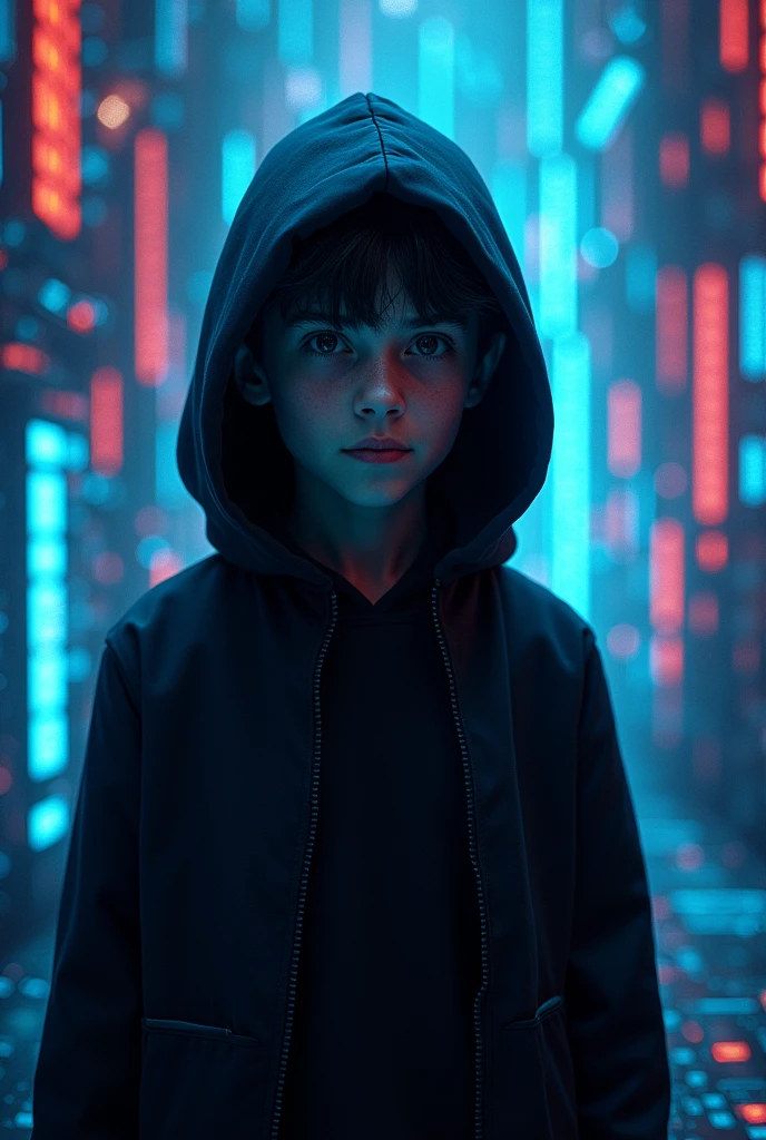 3d boy, In the depths of the virtual network, a figure shrouded in digital shadows navigates effortlessly, leaving behind whispers of their unmatched prowess in cyber warfare, with black hood, looking straight ahead.
