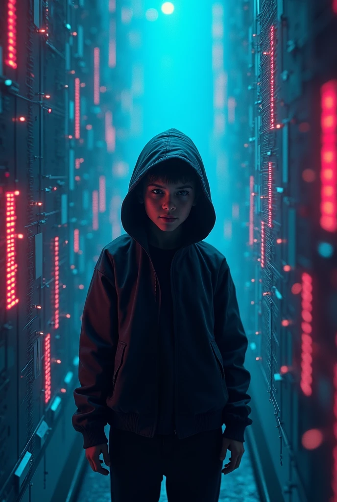 3d boy, In the depths of the virtual network, a figure shrouded in digital shadows navigates effortlessly, leaving behind whispers of their unmatched prowess in cyber warfare, with black hood, looking straight ahead.