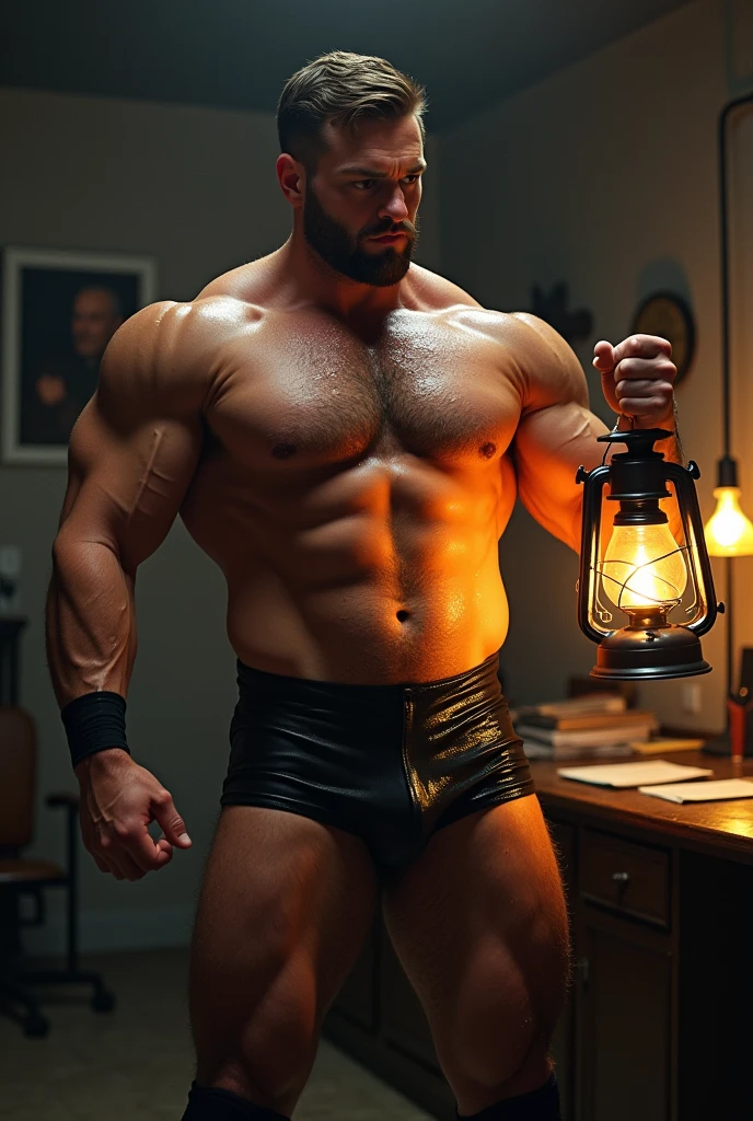 a hot sweaty male, he is shirtless and wearing wrestle singlet with a big cock bulge. he is very powerful. he is holding a lantern.. in a office. hairy chest. one hand on waistband lowering. digital painting. drenched in water. adored by men. hairy chest.