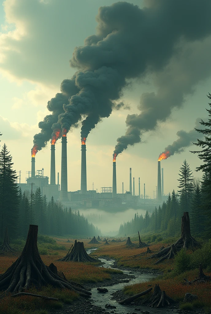 "An image illustrating the factors affecting climate change with text in Spanish: '3. What factors affect climate change?? Factors affecting climate change include greenhouse gas emissions, land use changes (such as deforestation), and industrial practices that alter the natural balance of the atmosphere.' The image should depict industrial pollution, deforestation, and the burning of fossil fuels. Use a clear and modern design with Spanish text, ensuring the text is easy to read." no text