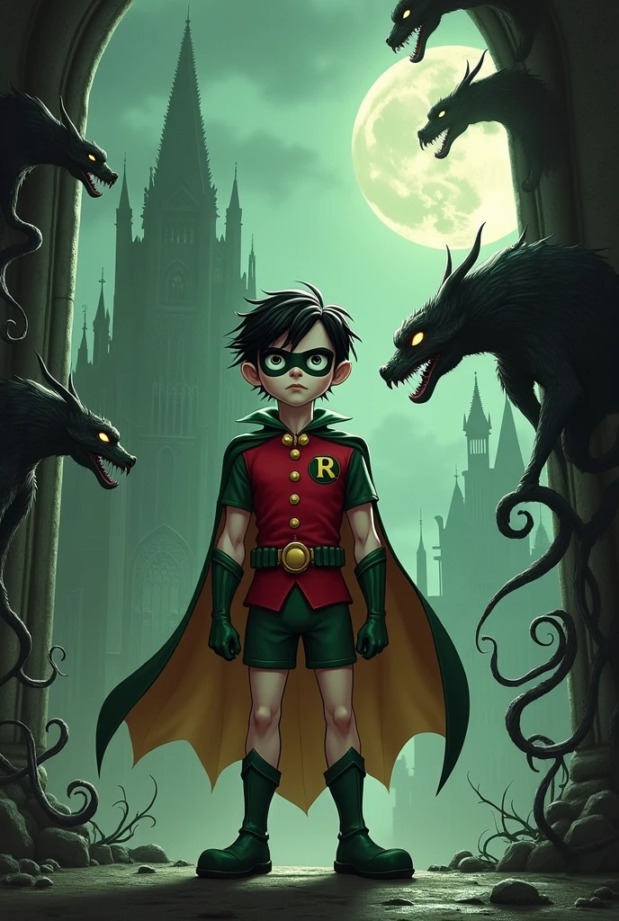 Robin The Boy Wonder in the style of Tim Burton