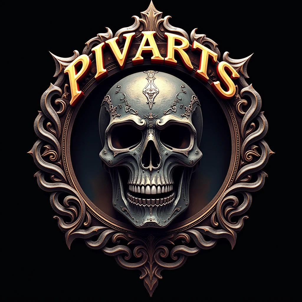 a fantasy art-style Heavy metal Motorcycles helmet logo, with text "PIVARTS", circle, intricate details, more detail, enhanced, ((poakl))