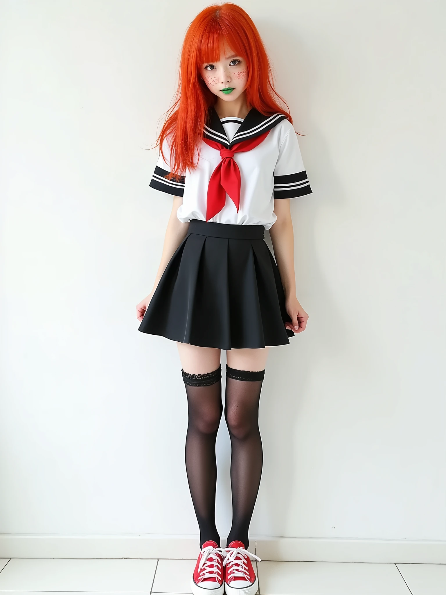 A red-haired woman, freckles, two-tone eyes, green lips, ((Japanese serafuku schoolgirl outfit)), short skirt, exposed panties, black semi-transparent stockings, red allstar sneakers, white background