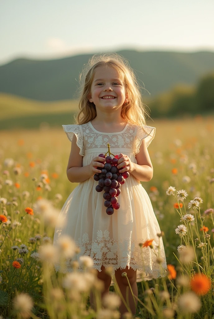 There is a young girl in the field,She is holding a bunch of grapes。, 复古Color photos, author:Werner Gutzert, 老Color photos, Colorization, award winning Colorization photo, author:Hans Schwarz, Color photos, Rudolf Freund, Sergey Krasovsky, author:Jerzy Wasta, author:Karl Walker, Unusual composition