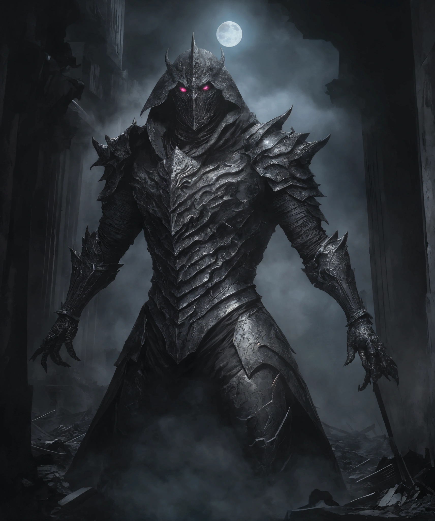 An ultra-high definition 8K wallpaper featuring a medium shot of Grim, portrayed as a terrifying masked moon krystal supervillain. Grim is clad in intricately textured, glowing armor made of moon ethereal space fog, reminiscent of Marvel's high-detail costumes. The scene is dramatically lit, highlighting the fine details of the armor. The background is filled with a chaotic scene of a colossal mud monster and destroyed buildings, creating a vivid, action-packed atmosphere. The image boasts intricate details, a dramatic theme, and an overall sense of intense, high-stakes conflict.