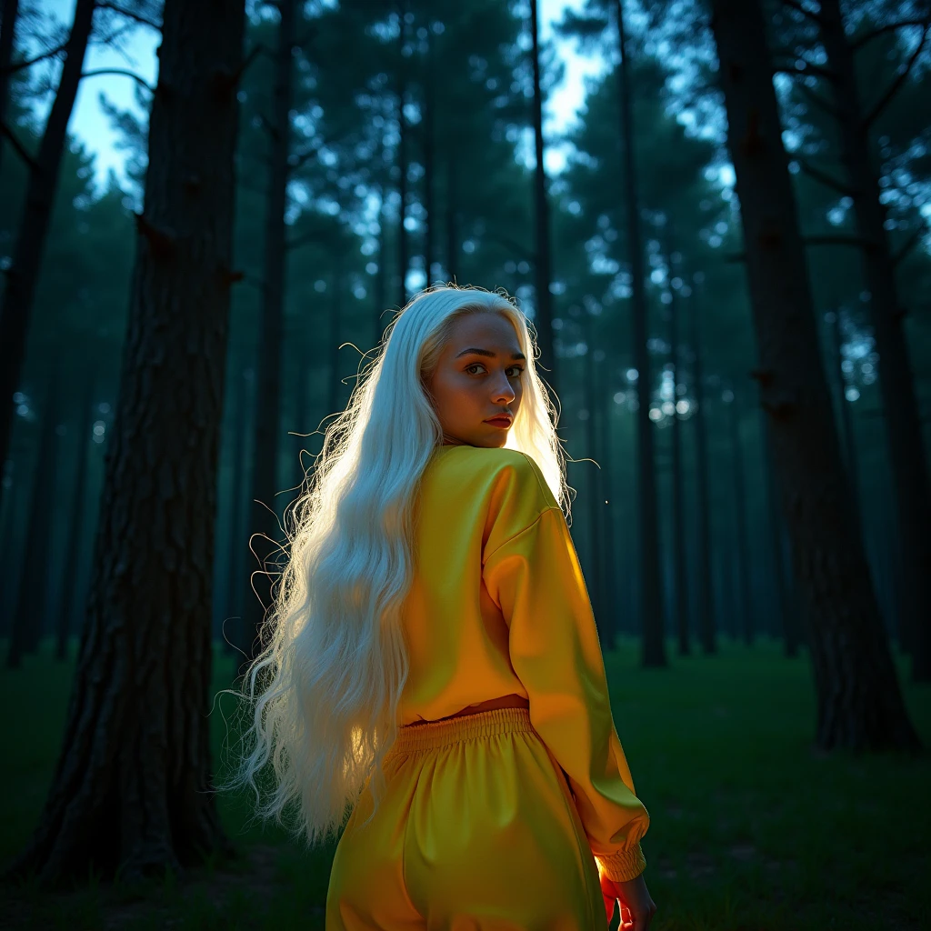 A girl with long white hair,wearing yellow 90s clothes,in the background she will be in a pine forest at night,I want her to do sexy poses.