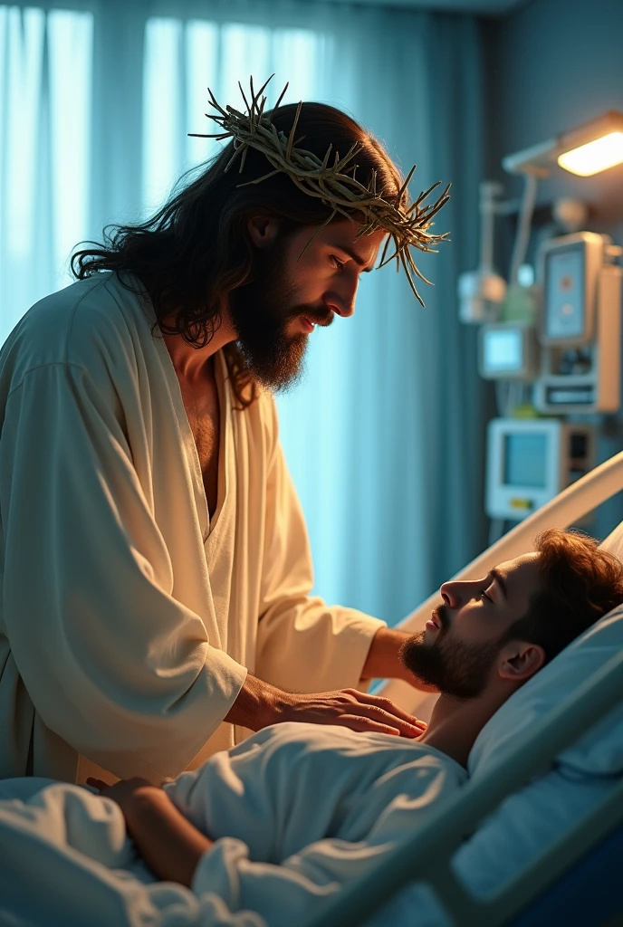 "Create an image of Jesus wearing a crown of thorns, standing beside a hospital bed in an Intensive Care Unit (ICU). The setting should be modern, with medical equipment around. Jesus should have a compassionate and serene expression, placing one hand gently on the shoulder of a patient lying in the bed. The patient appears weak, but there’s a sense of peace and hope in their interaction. The room is softly lit, with a subtle, warm glow emanating from Jesus, contrasting with the cooler, clinical lighting of the ICU."