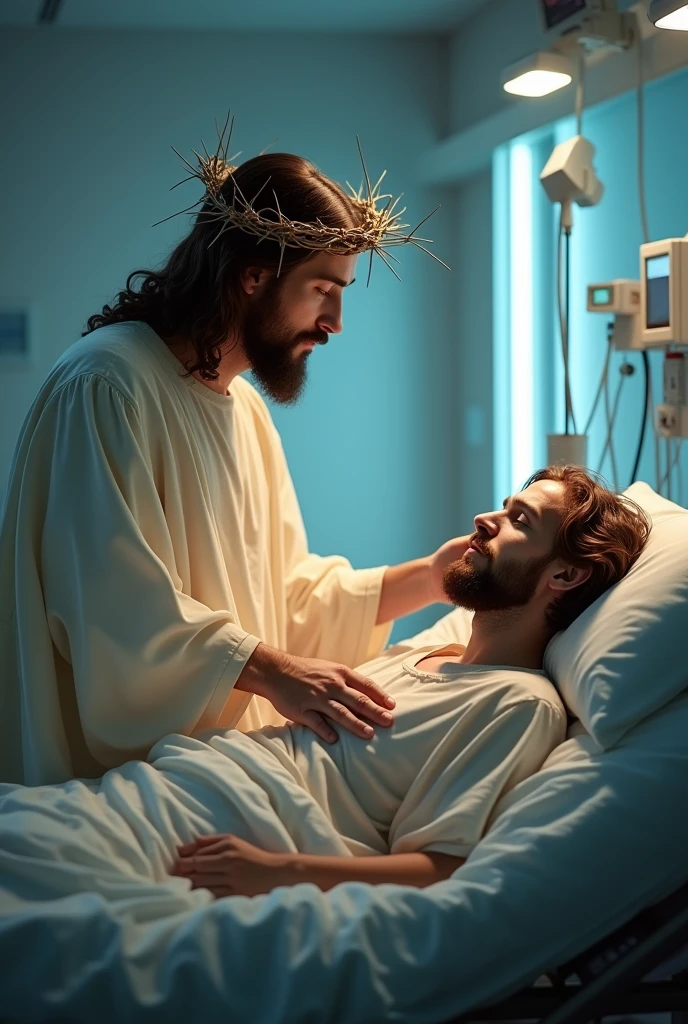 "Create an image of Jesus wearing a crown of thorns, standing beside a hospital bed in an Intensive Care Unit (ICU). The setting should be modern, with medical equipment around. Jesus should have a compassionate and serene expression, placing one hand gently on the shoulder of a patient lying in the bed. The patient appears weak, but there’s a sense of peace and hope in their interaction. The room is softly lit, with a subtle, warm glow emanating from Jesus, contrasting with the cooler, clinical lighting of the ICU."