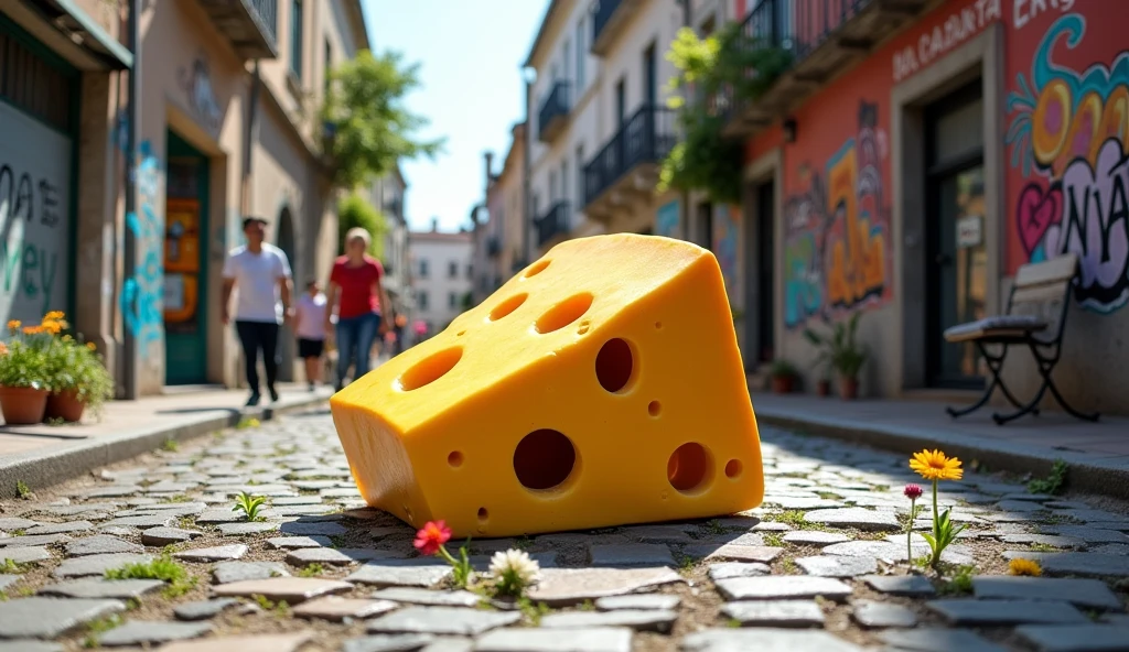 Street with holes and a cheese in the middle