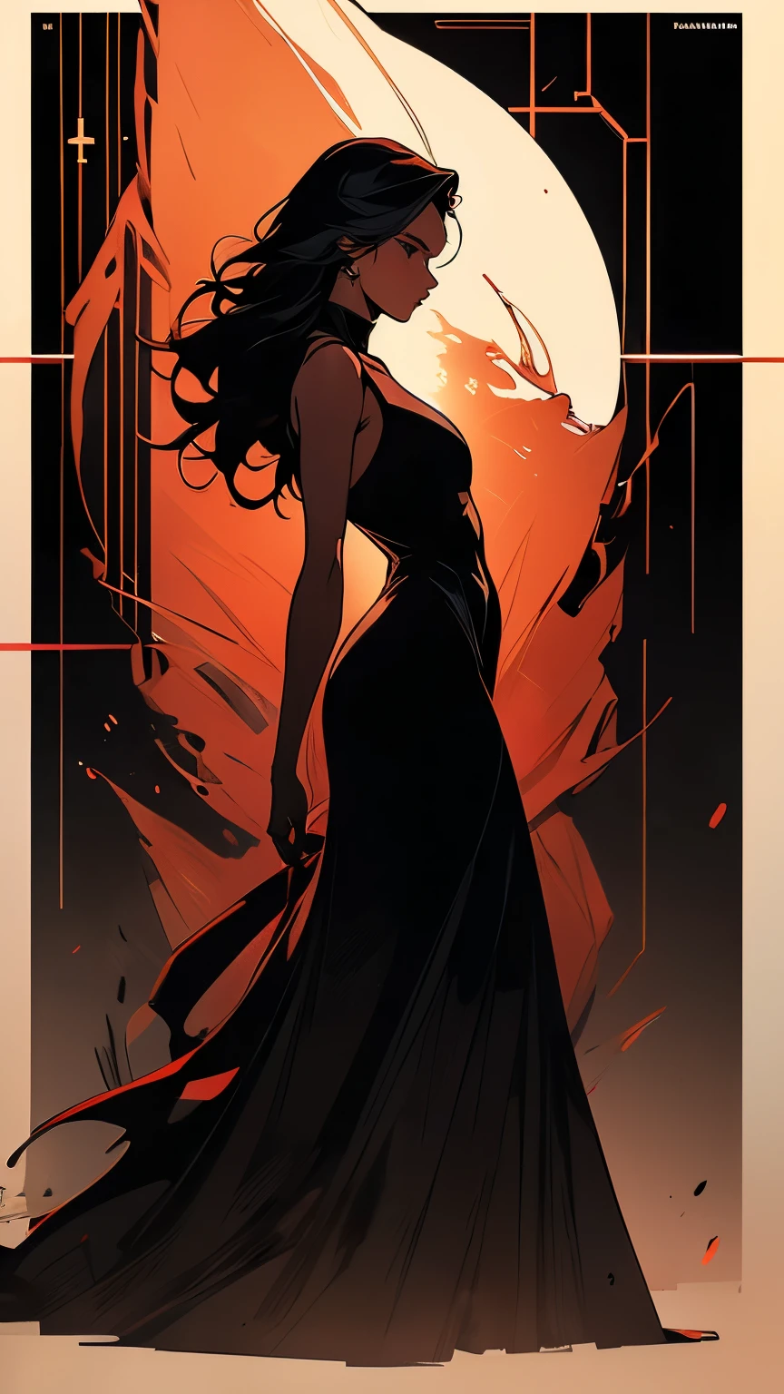 Poster, Close-up, Full Body, Shadow Art, Red Outline Drawing on Dark Black Background, Red Outline Silhouette, Loose Hair, Silhouette of a Beautiful Young Woman, Perfect Body, Slender Graceful Form, Charming Modesty, Perfection in a Tight Black Silk Dress, 8K Resolution, Side View, Shadows, Enigmatic, Jean Baptiste Monge Style, Thomas Kinkade, David Palumbo, Carne Griffiths.