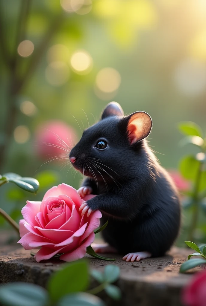 realistic black Hamster with Rose