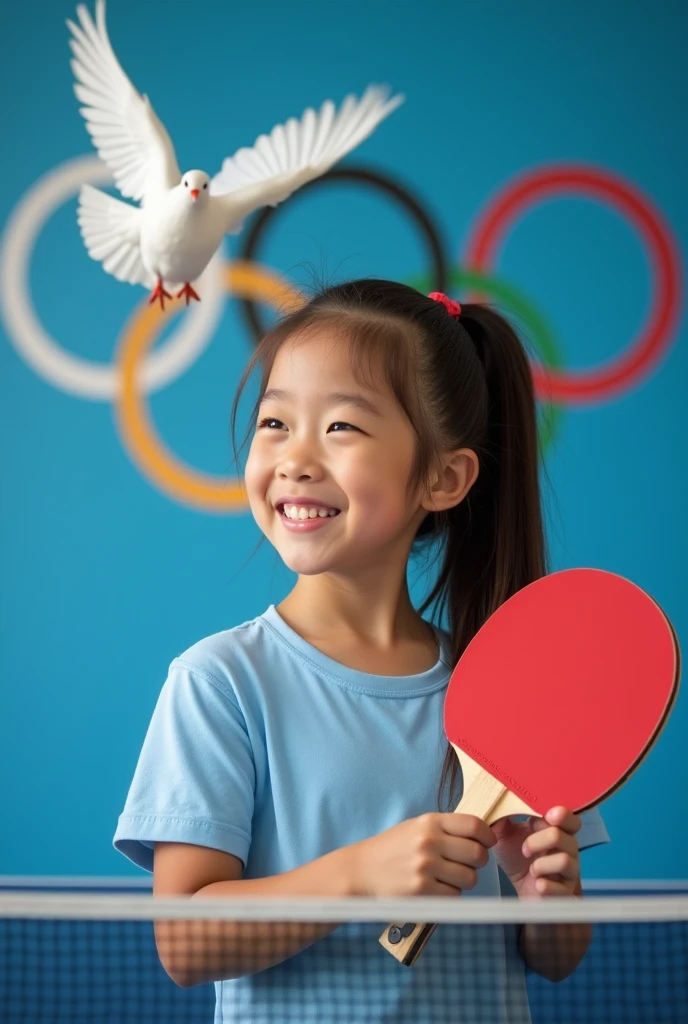 The background is the Olympic logo and a white dove、A girl smiling while holding a table tennis racket