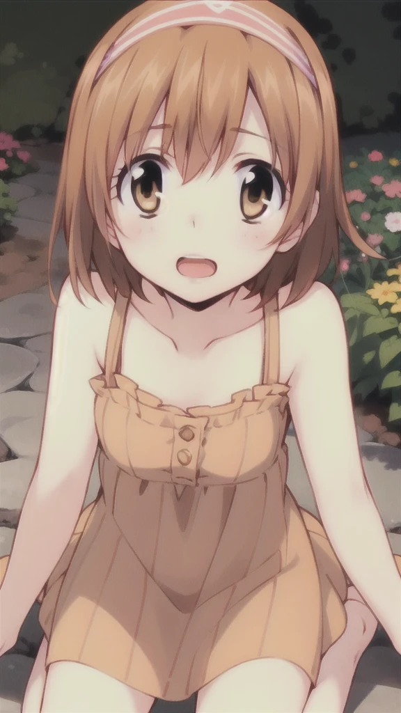 kyoko1, 1girl, short hair, brown hair,  waring a pink striped dress, brown eyes, Masterpece, look at the views, Masterpece, ((masterpiece: 1.2)), smling, open mouth, garden, outdoors, head band, 