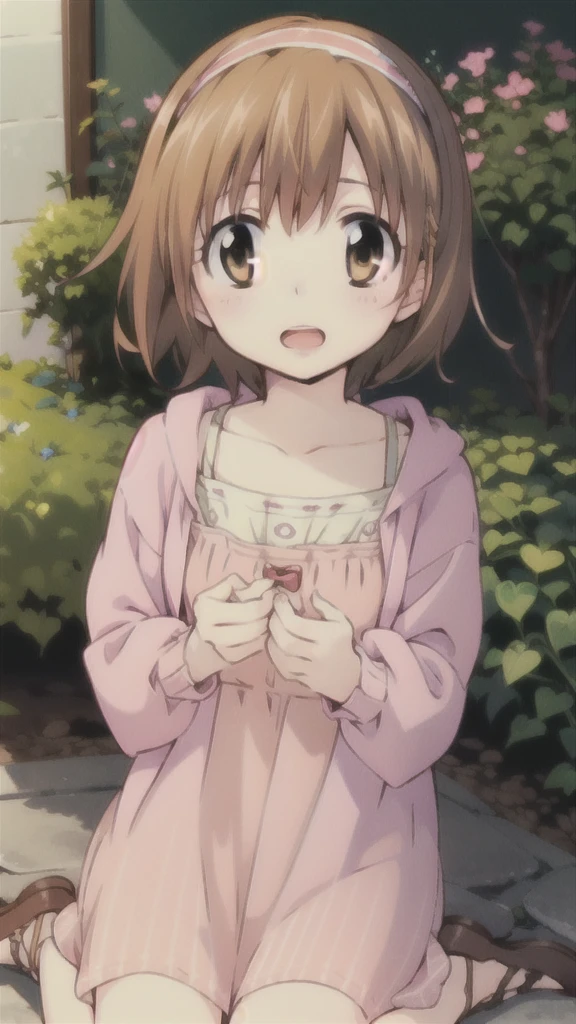kyoko1, 1girl, short hair, brown hair,  waring a pink striped dress, brown eyes, Masterpece, look at the views, Masterpece, ((masterpiece: 1.2)), smling, open mouth, garden, outdoors, head band, 