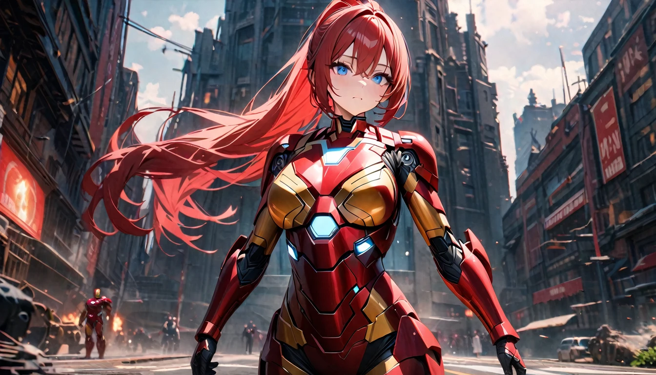 young, Long Red Hair, High Ponytail, blue eyes, Iron Man Armor, masterpiece, Highest quality, Full HD, 8k, Super detailed, Great graphics、Beautiful breasts、Big Breasts、Cowboy Shot、Iron Man in the background
