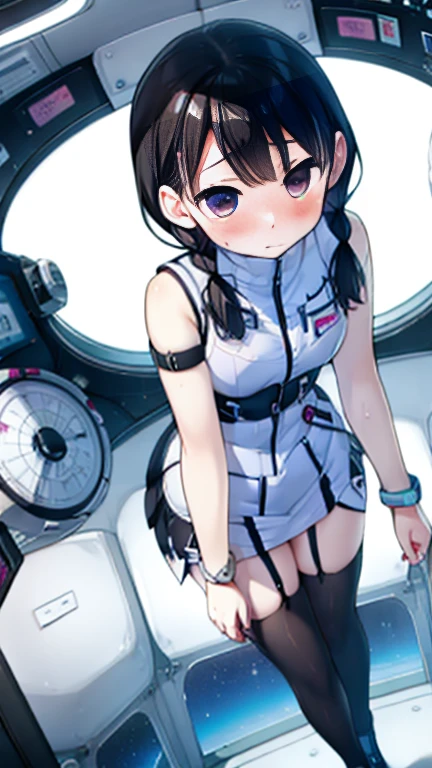 (Highest quality), (masterpiece), 1080P, High resolution, 4K, 8k, Inside the space station、Futuristic room、Thigh straps, Shooting from directly below, The woman on top of me, 白いSweat, Covered , Sweat, Woman looking down, Skirt swimsuit, Thigh-high socks, To achieve this, , , whole body, Black leather shoes, Braided hair, Inner Color, Embarrassed face, Short black hair, bracelet, Bedroom,celestial body_Vest
