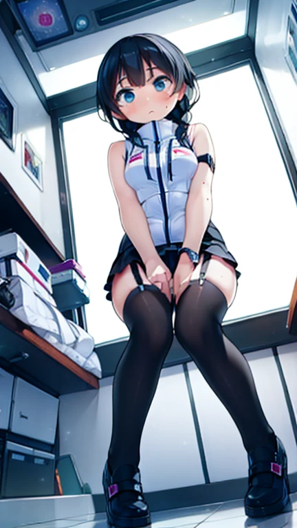 (Highest quality), (masterpiece), 1080P, High resolution, 4K, 8k, Inside the space station、Futuristic room、Thigh straps, Shooting from directly below, The woman on top of me, 白いSweat, Covered , Sweat, Woman looking down, Skirt swimsuit, Thigh-high socks, To achieve this, , , whole body, Black leather shoes, Braided hair, Inner Color, Embarrassed face, Short black hair, bracelet, Bedroom,celestial body_Vest