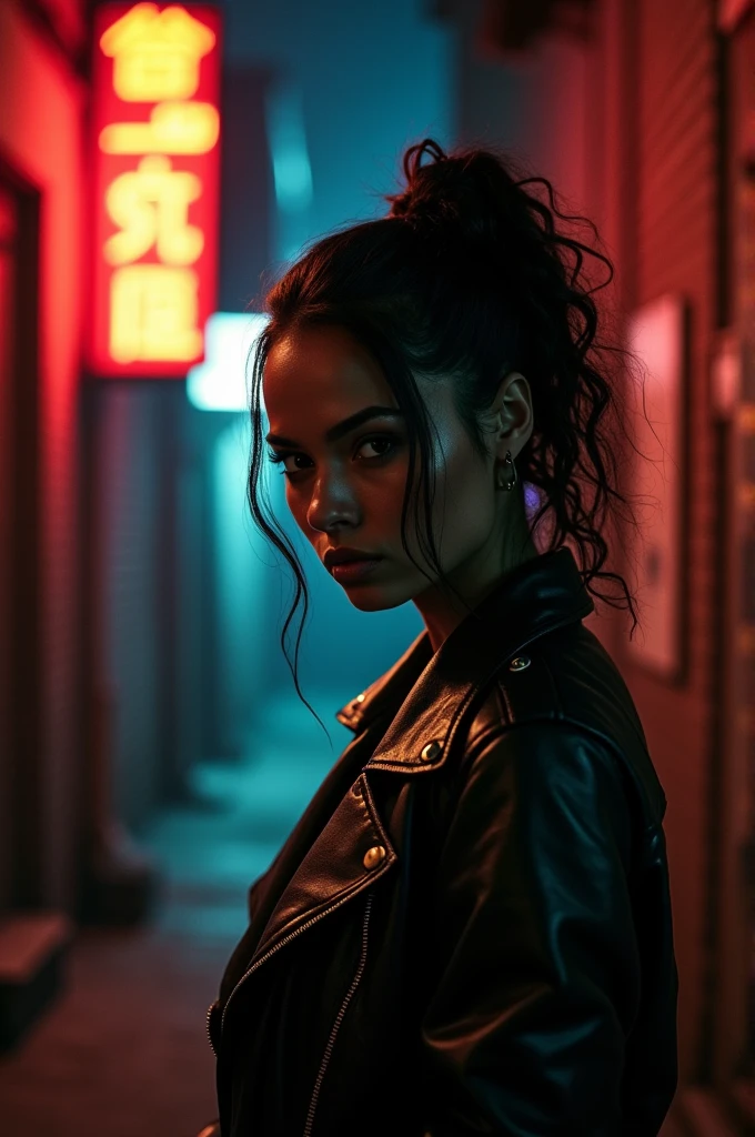 A woman with brown skin and wavy hair pulled back in a short ponytail, with large dark circles under her eyes and a demonic appearance.