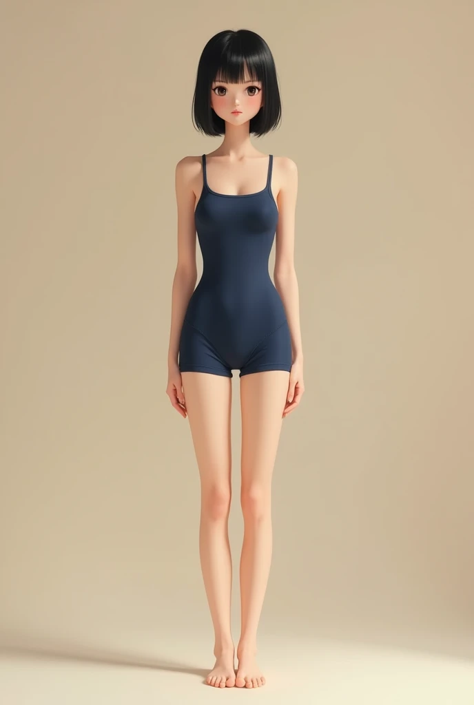 Create a drawing of a woman with the following characteristics:

* Japanese
* 170 cm tall
* Long face with a snub nose and vertically elongated nostrils
* Narrow, droopy, double eyelids
* Very short, black hair
* Shoe size 26.Barefoot with 5cm、　She is 36 years old and wearing navy blue bloomers.
Describe her whole body in a realistic style.。