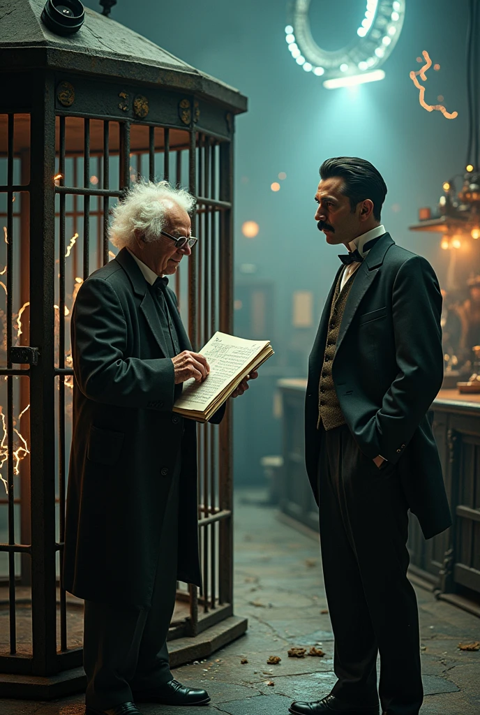Create an image with a giant cage on the left that contains 2 people, an elderly man with white hair who looks like a scientist. ,and a man with a mustache and black hair and style similar to Nikola Tesla