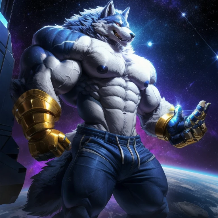 furry growth, hyper growth, hyper muscles, wolf, blue wolf, shirtless, white shorts, exaggeratedly muscular, infinity gauntlet, in the middle of space