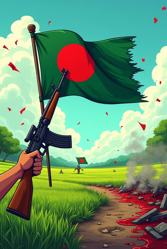 Cartoon hand carrying rifle and waving Bangladesh flag diagonally with background of an open green fields with bloodied battlefield. Red flakes in the air in cartoon style.