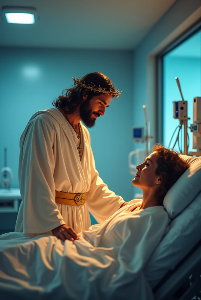 "Create an image of Jesus wearing a crown of thorns, standing beside a hospital bed in an Intensive Care Unit (ICU). The setting should be modern, with medical equipment around. Jesus should have a compassionate and serene expression, placing one hand gently on the shoulder of a patient lying in the bed. The patient appears weak, but there’s a sense of peace and hope in their interaction. The room is softly lit, with a subtle, warm glow emanating from Jesus, contrasting with the cooler, clinical lighting of the ICU."