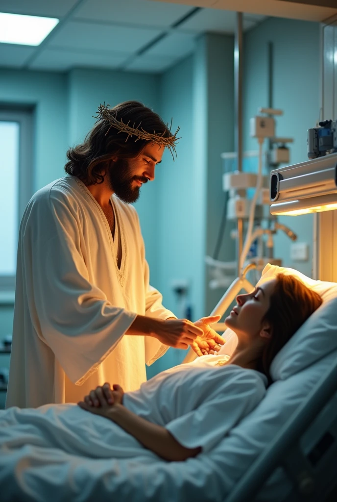 "Create an image of Jesus wearing a crown of thorns, standing beside a hospital bed in an Intensive Care Unit (ICU). The setting should be modern, with medical equipment around. Jesus should have a compassionate and serene expression, placing one hand gently on the shoulder of a patient lying in the bed. The patient appears weak, but there’s a sense of peace and hope in their interaction. The room is softly lit, with a subtle, warm glow emanating from Jesus, contrasting with the cooler, clinical lighting of the ICU."