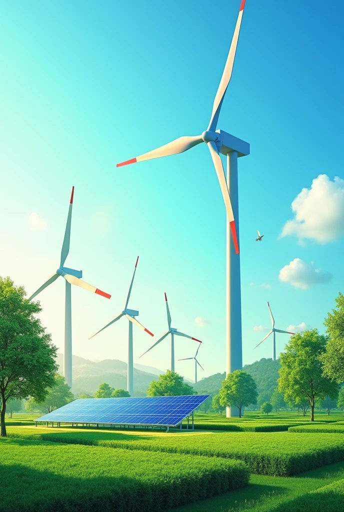"An image illustrating preventive measures to combat climate change with text in Spanish: '4. What are some preventive measures to combat climate change?? Some measures include reducing the use of fossil fuels, promote the use of renewable energy, reforest degraded areas, and adopt sustainable practices in agriculture and industry.' The image should depict renewable energy sources like wind turbines and solar panels, reforestation efforts, and sustainable agricultural practices. Use a clear and modern design with Spanish text, ensuring the text is easy to read." no text