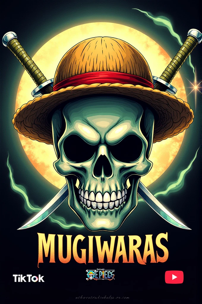 Skull with Zoro's swords crossed over Luffy's straw hat on the skull written MUGIWARAS below logos of TikTok and YouTube updated on the sides 