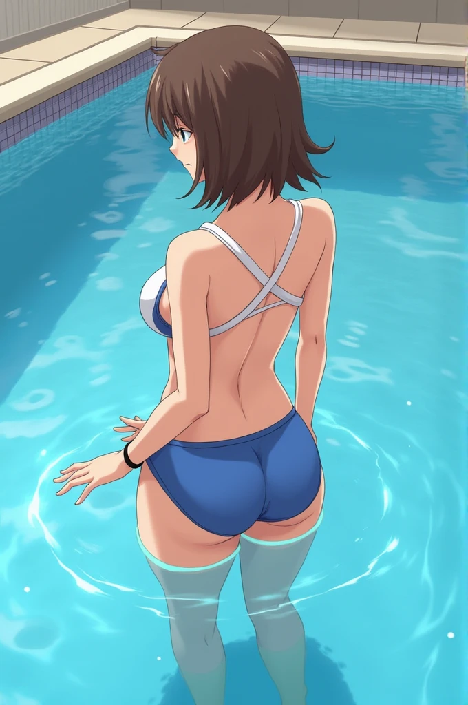 1girl, from the back, looking down, public pool, inside the pool, spreading her pussy with her fingers, brown short hair, blue swimsuit, looking at viewer, showing her pussy to the viewer, mature, lifting-her-skirt, nervous face, tall, milf, mature, 30 years old, large boobs, large ass