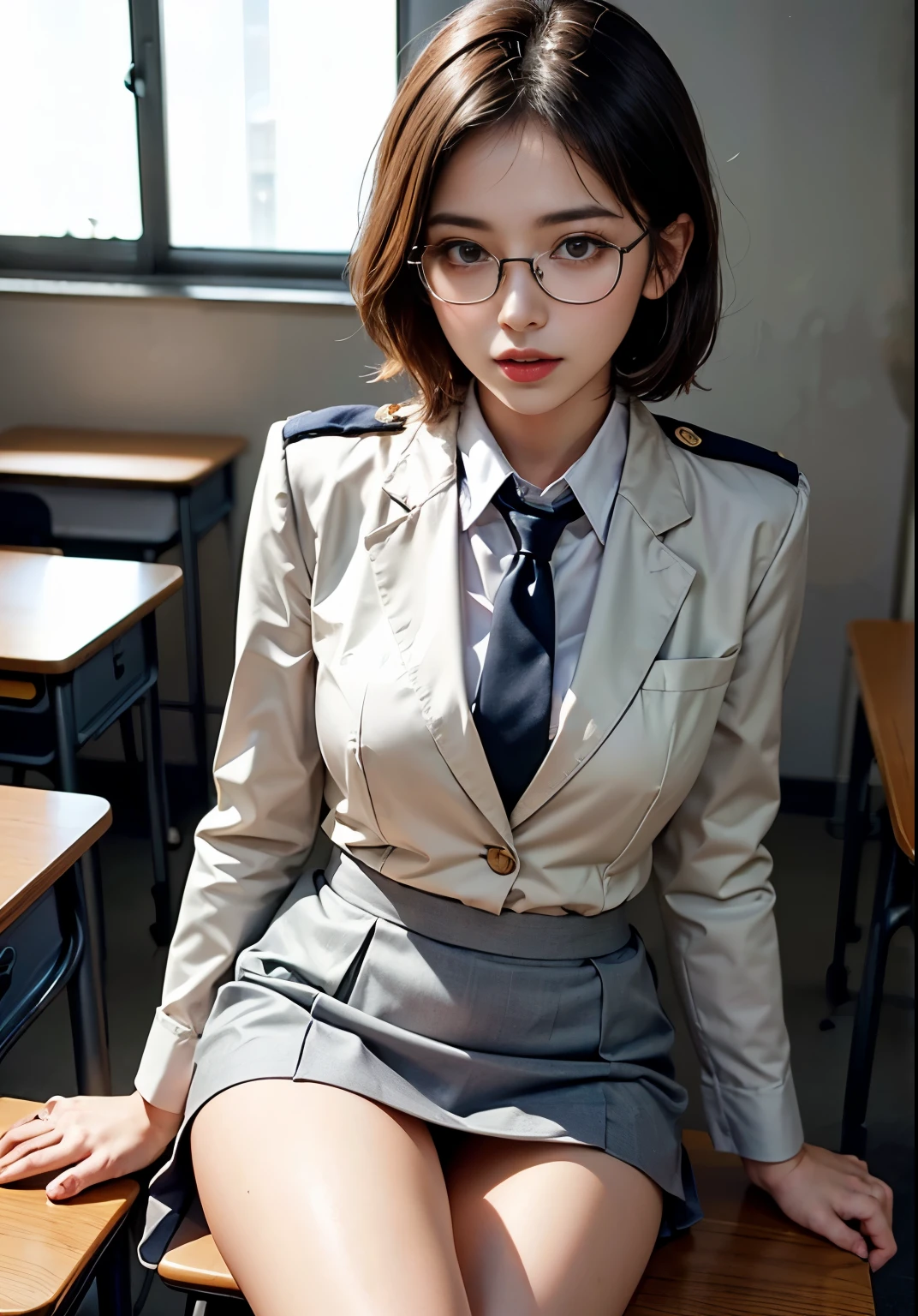 (8K High Resolution), (Highest quality), (RAW Image Quality),(Tabletop:1.2), (Realistic), (Realistic:1.37), (Live-action realistic style),The ultimate face,Realistic light and shadow,Distinct facial features,Fair skin,Best Portrait, One person,Beautiful attention to detail,Highly detailed skin,(Beautiful face with double eyelids), (realism: 1.4),((Full body image)) ,Delicate and beautiful face,,Female about 20 years old,(Beautiful Face 1.4),short hair, Glasses, ((A Japanese female high school teacher wearing a uniform)),((Shooting in the classroom)),(You can see a little bit of underwear from the delta zone.),White panties,Red lipstick,stockings, High heels, Beautiful breasts, Cleavage、sitting on a chair at the podium、A blazer uniform with a white blouse underneath、Intelligent face、Short tight skirt