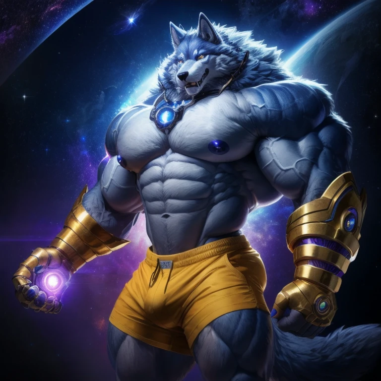 furry growth, hyper growth, hyper muscles, wolf, blue wolf, shirtless, white shorts, exaggeratedly muscular, infinity gauntlet, six infinity stones, in the middle of space