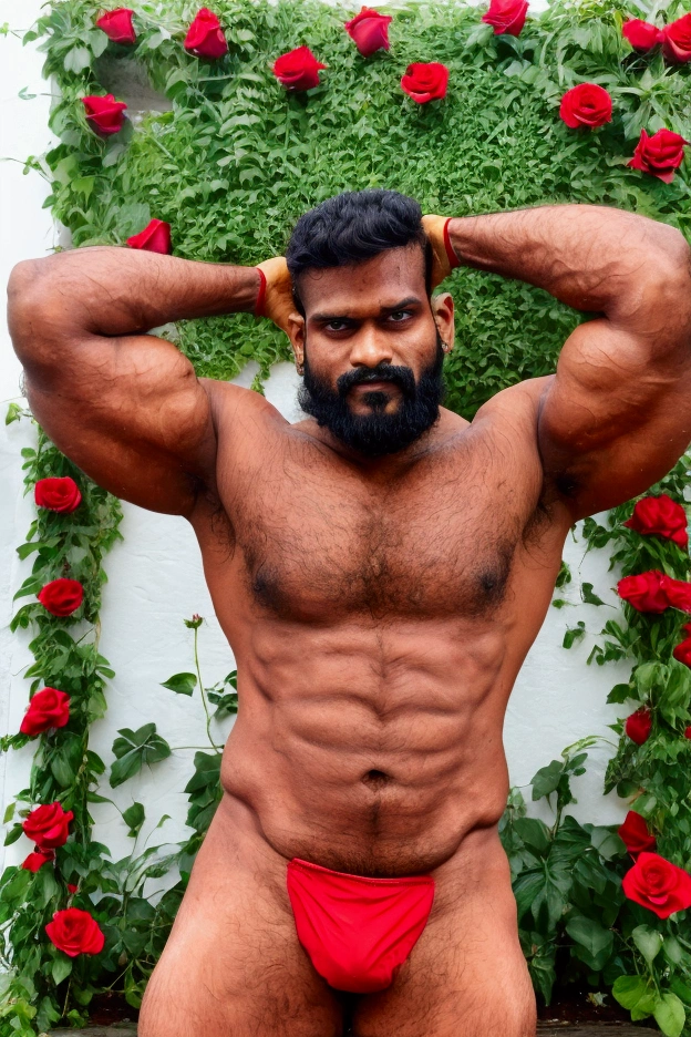 a handsome giant muscle tamil man short beard shirtless with red speedo flexing his arms at the red roses garden