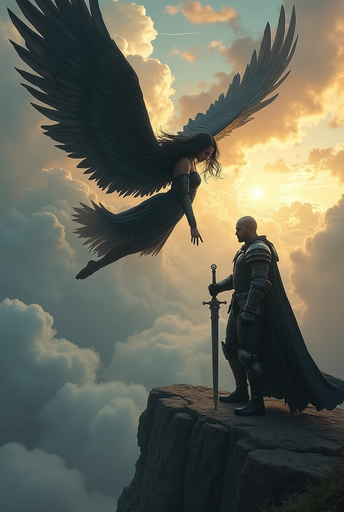 A fight between a woman who has black hair and black wings, flyin on the sky and a black rusty knight