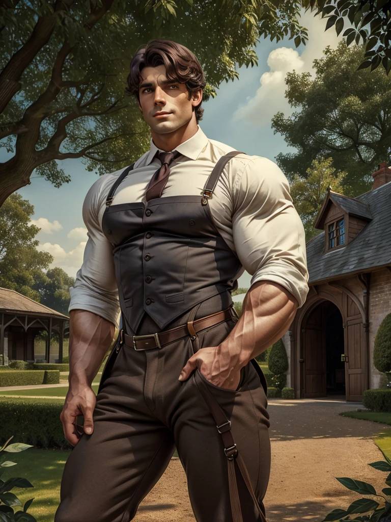 Book cover art, a handsome dark haired muscular man, brown pants, suspenders, trees, grey english mansion and stables background, text "Lady Chaterley's lover", 1900 era