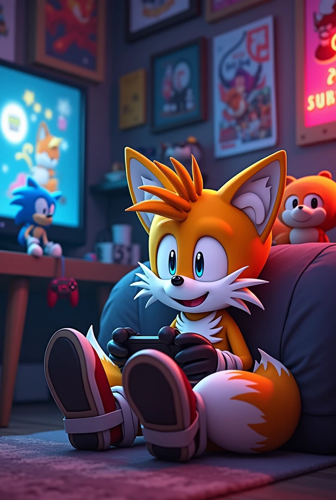 Sfm Modern tails sitting on the floor in his room with his legs Crossed playing video games