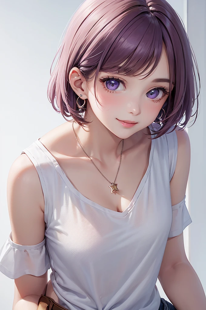 Best Quality,High resolution,8k,(plain white background, no patterns, no textures, just a plain white background:1.3),Masterpiece:1.2),beautiful girl,Shiny purple hair,bob cut,Beautiful purple eyes,A girl in a bright, oversized graphic tee or tank top with a cheerful design, paired with high-waisted, slightly oversized long pants in a light, colorful fabric with a subtle pattern. She is wearing casual sneakers with a pop of color or simple yet stylish sandals. Accessories include a playful pendant necklace and colorful stud earrings,Gentle look,A refreshing look,smile,Best quality,Best Quality,Aesthetic and aesthetic:1.2,Best details((Super detailed))(High-definition CG illustrations),Slender body,smile,blush,cute,Scrounge,Looking up,Being spoiled,super model