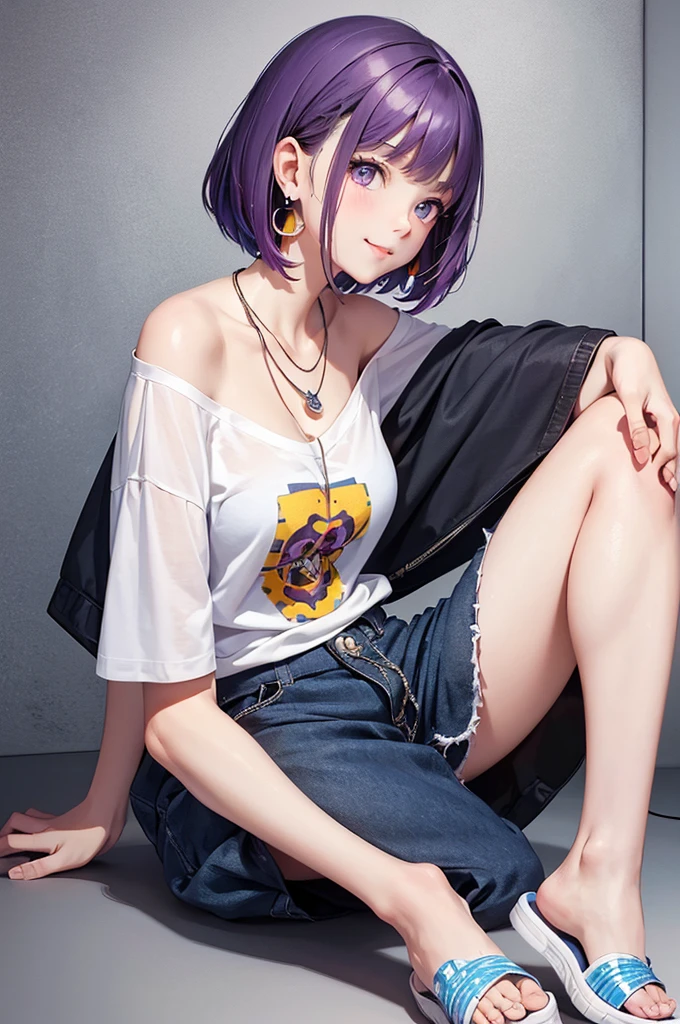 Best Quality,High resolution,8k,(plain white background, no patterns, no textures, just a plain white background:1.3),Masterpiece:1.2),beautiful girl,Shiny purple hair,bob cut,Beautiful purple eyes,A girl in a bright, oversized graphic tee or tank top with a cheerful design, paired with high-waisted, slightly oversized long pants in a light, colorful fabric with a subtle pattern. She is wearing casual sneakers with a pop of color or simple yet stylish sandals. Accessories include a playful pendant necklace and colorful stud earrings,Gentle look,A refreshing look,smile,Best quality,Best Quality,Aesthetic and aesthetic:1.2,Best details((Super detailed))(High-definition CG illustrations),Slender body,smile,blush,cute,Scrounge,Looking up,Being spoiled,super model