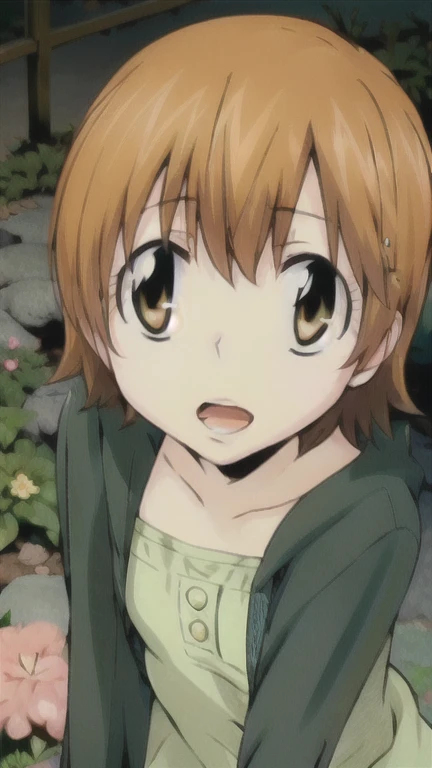 kyoko1, 1girl, short hair, brown hair, waring a  striped dress, brown eyes, Masterpece, look at the views, Masterpece, ((masterpiece: 1.2)), smling, open mouth, garden, outdoors, head band, standing,