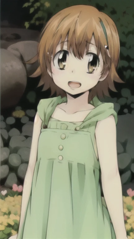 kyoko1, 1girl, short hair, brown hair, waring a  striped dress, brown eyes, Masterpece, look at the views, Masterpece, ((masterpiece: 1.2)), smling, open mouth, garden, outdoors, head band, standing,