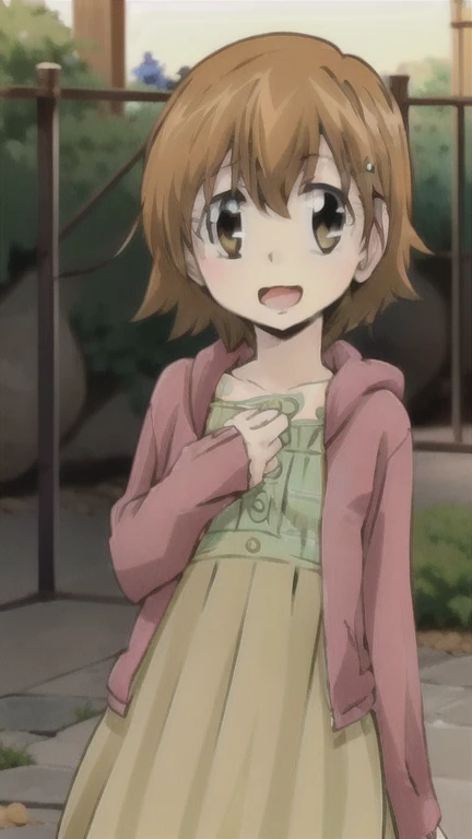 kyoko1, 1girl, short hair, brown hair, waring a striped dress, brown eyes, Masterpece, look at the views, Masterpece, ((masterpiece: 1.2)), smling, open mouth, garden, outdoors, head band, standing,