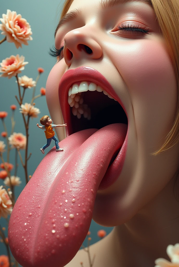 Tiny  lying on a giant realistic woman&#39;s tongue