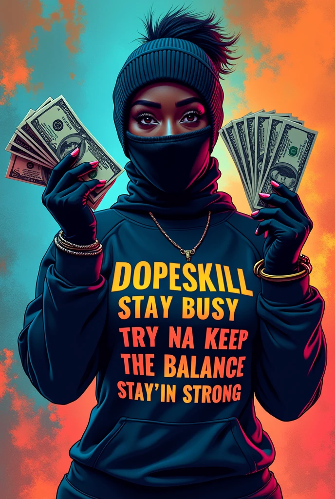 The graphic design is of a woman wearing a ski mask and holding a stack of money. The text on the shirt says "DOPESKILL STAY BUSY TRYNA KEEP THE BALANCE STAY'IN STRONG".