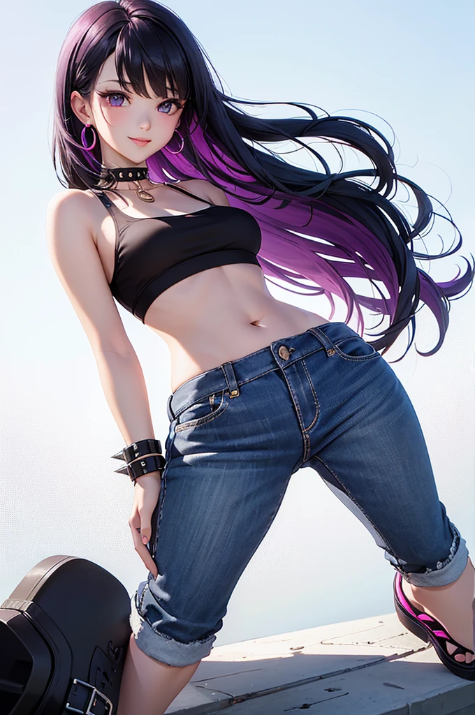 Best Quality,High resolution,8k,(plain white background, no patterns, no textures, just a plain white background:1.3),Masterpiece:1.2),beautiful girl,Shiny purple hair,bob cut,Beautiful purple eyes,A teenage girl in a vibrant, oversized graphic tee or tank top with a punk-inspired design, such as bold prints or edgy graphics. She is wearing high-waisted, slightly oversized long pants in a bright, eye-catching color or with a cool pattern, like plaid or checkered. Footwear includes chunky platform sneakers or studded sandals. Accessories include a spiked choker, layered chains, and colorful earrings,Gentle look,A refreshing look,smile,Best quality,Best Quality,Aesthetic and aesthetic:1.2,Best details((Super detailed))(High-definition CG illustrations),Slender body,smile,blush,cute,Scrounge,Looking up,Being spoiled,super model