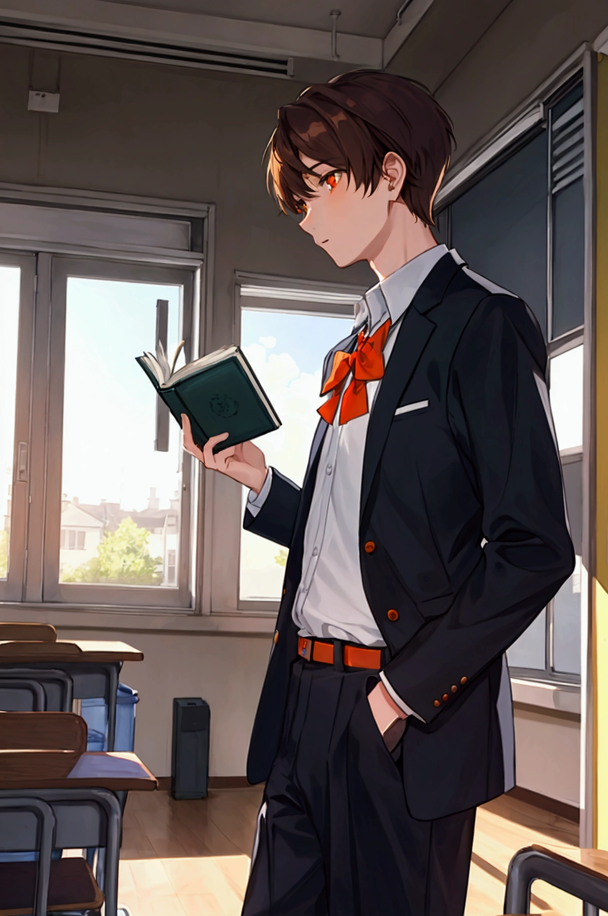 A boy in a high school uniform, brown hair and orange eyes, is reading a book in a classroom.