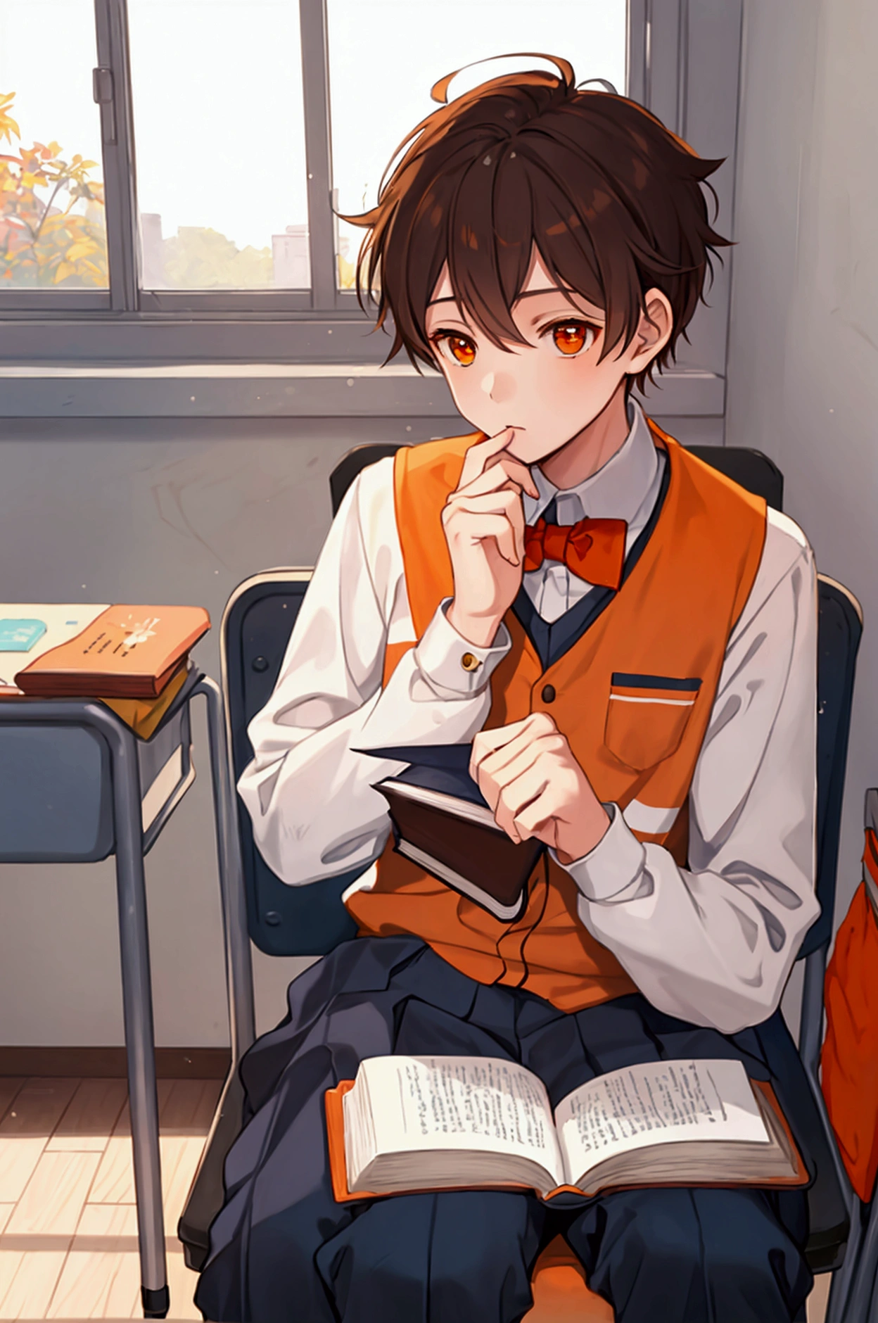 A boy in a high school uniform, brown hair and orange eyes, is reading a book in a classroom.