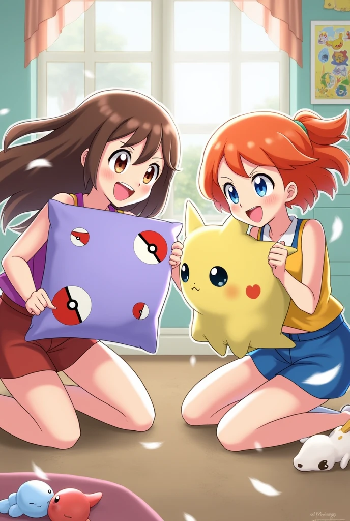 Draw an anime version of May and Misty from Pokémon playing pillow fights. May's pillow is lilac with PokeBall drawings while Misty's is pastel yellow with Psyduck drawings. The feathers fly around them.
Misty has short orange hair and navy blue eyes; May has brown hair and blue eyes.