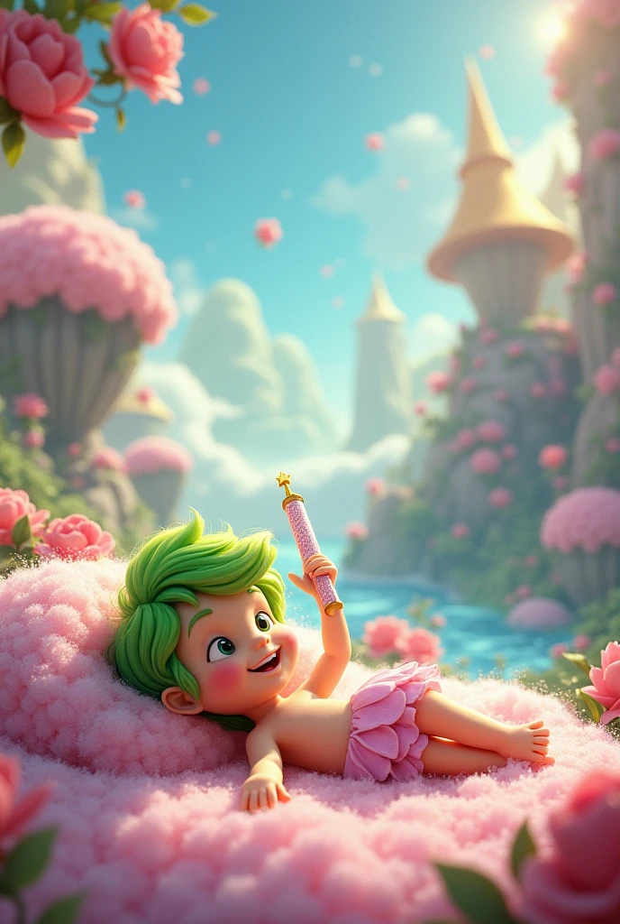 Cosmo and wand from fairly odd parents laying on the floor in fairy world